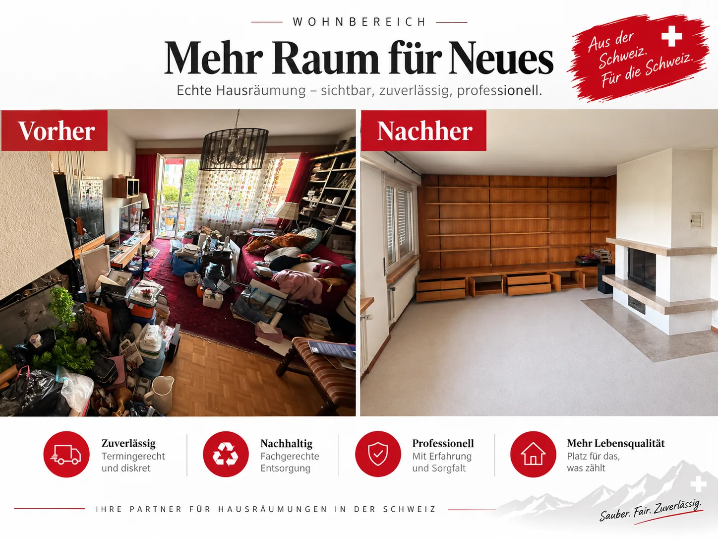 Wohnraum vor und nach einer Räumung im Kanton Glarus